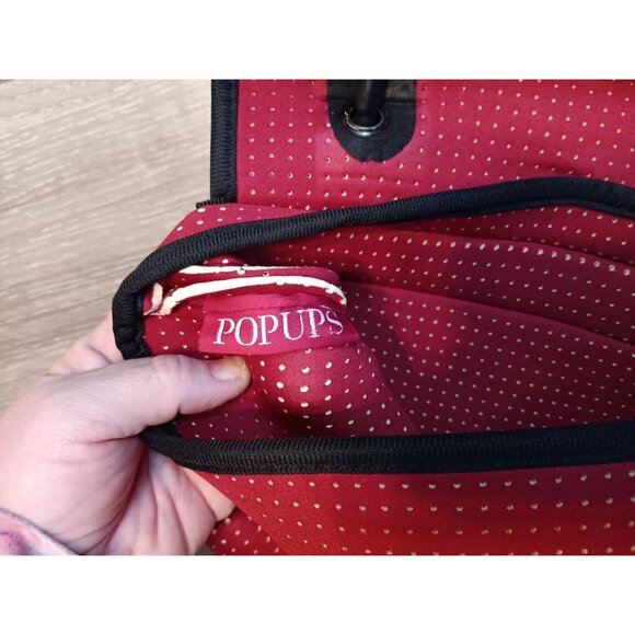 Popups Brand Neoprene Red Flap Over Bag Purse, Snap Buckle, Double Handle - Picture 4 of 4